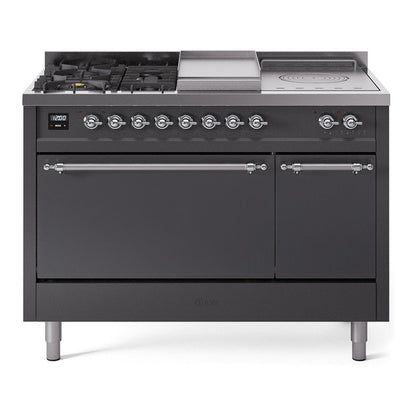 ILVE Nostalgie II 48-Inch Dual Fuel Range with 5 Sealed Burners + Griddle + French Top, 5.02 cu. ft. Oven, Graphite Matte with Chrome Trim, Liquid Propane, Solid Door, UP48FSQNMPMGCLP