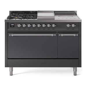 ILVE Nostalgie II 48-Inch Dual Fuel Range with 5 Sealed Burners + Griddle + French Top, 5.02 cu. ft. Oven, Graphite Matte with Chrome Trim, Natural Gas, Solid Door, UP48FSQNMPMGC