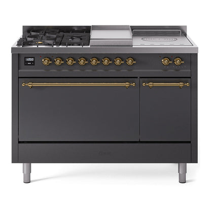 ILVE Nostalgie II 48-Inch Dual Fuel Range with 5 Sealed Burners + Griddle + French Top, 5.02 cu. ft. Oven, Graphite Matte with Brass Trim, Liquid Propane, Solid Door, UP48FSQNMPMGGLP