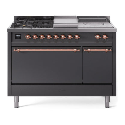 ILVE Nostalgie II 48-Inch Dual Fuel Range with 5 Sealed Burners + Griddle + French Top, 5.02 cu. ft. Oven, Graphite Matte with Copper Trim, Natural Gas, Solid Door, UP48FSQNMPMGP