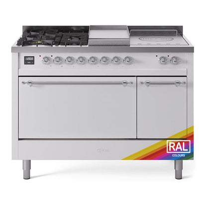ILVE Nostalgie II 48-Inch Dual Fuel Range with 5 Sealed Burners + Griddle + French Top, 5.02 cu. ft. Oven, RAL with Chrome Trim, Liquid Propane, Solid Door, UP48FSQNMPRACLP