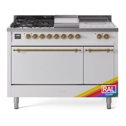 ILVE Nostalgie II 48-Inch Dual Fuel Range with 5 Sealed Burners + Griddle + French Top, 5.02 cu. ft. Oven, RAL with Brass Trim, Natural Gas, Solid Door, UP48FSQNMPRAG