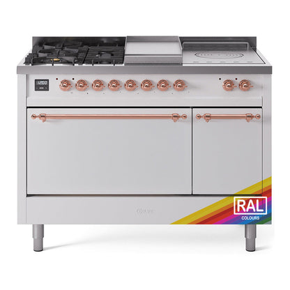 ILVE Nostalgie II 48-Inch Dual Fuel Range with 5 Sealed Burners + Griddle + French Top, 5.02 cu. ft. Oven, RAL with Copper Trim, Liquid Propane, Solid Door, UP48FSQNMPRAPLP