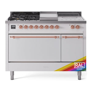 ILVE Nostalgie II 48-Inch Dual Fuel Range with 5 Sealed Burners + Griddle + French Top, 5.02 cu. ft. Oven, RAL with Copper Trim, Natural Gas, Solid Door, UP48FSQNMPRAP