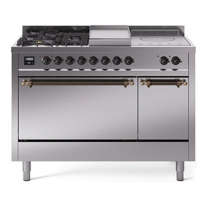 ILVE Nostalgie II 48-Inch Dual Fuel Range with 5 Sealed Burners + Griddle + French Top, 5.02 cu. ft. Oven, Stainless Steel with Burnished Trim, Liquid Propane, Solid Door, UP48FSQNMPSSBLP