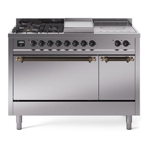 ILVE Nostalgie II 48-Inch Dual Fuel Range with 5 Sealed Burners + Griddle + French Top, 5.02 cu. ft. Oven, Stainless Steel with Burnished Trim, Natural Gas, Solid Door, UP48FSQNMPSSB