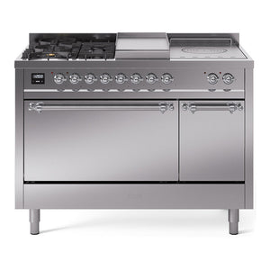 ILVE Nostalgie II 48-Inch Dual Fuel Range with 5 Sealed Burners + Griddle + French Top, 5.02 cu. ft. Oven, Stainless Steel with Chrome Trim, Liquid Propane, Solid Door, UP48FSQNMPSSCLP