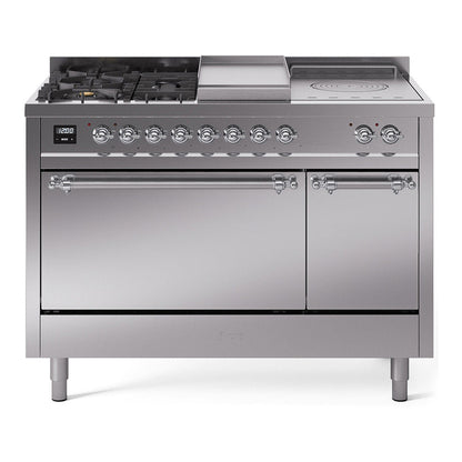 ILVE Nostalgie II 48-Inch Dual Fuel Range with 5 Sealed Burners + Griddle + French Top, 5.02 cu. ft. Oven, Stainless Steel with Chrome Trim, Natural Gas, Solid Door, UP48FSQNMPSSC