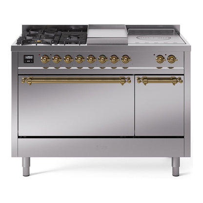 ILVE Nostalgie II 48-Inch Dual Fuel Range with 5 Sealed Burners + Griddle + French Top, 5.02 cu. ft. Oven, Stainless Steel with Brass Trim, Liquid Propane, Solid Door, UP48FSQNMPSSGLP