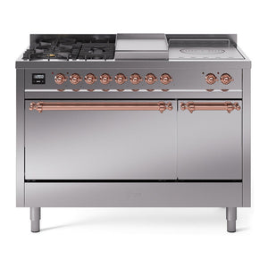 ILVE Nostalgie II 48-Inch Dual Fuel Range with 5 Sealed Burners + Griddle + French Top, 5.02 cu. ft. Oven, Stainless Steel with Copper Trim, Natural Gas, Solid Door, UP48FSQNMPSSP