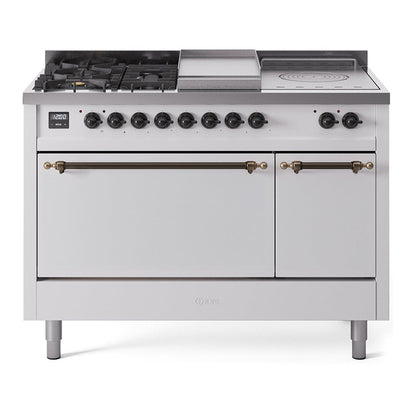 ILVE Nostalgie II 48-Inch Dual Fuel Range with 5 Sealed Burners + Griddle + French Top, 5.02 cu. ft. Oven, White with Burnished Trim, Natural Gas, Solid Door, UP48FSQNMPWHB