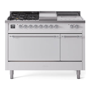 ILVE Nostalgie II 48-Inch Dual Fuel Range with 5 Sealed Burners + Griddle + French Top, 5.02 cu. ft. Oven, White with Chrome Trim, Natural Gas, Solid Door, UP48FSQNMPWHC
