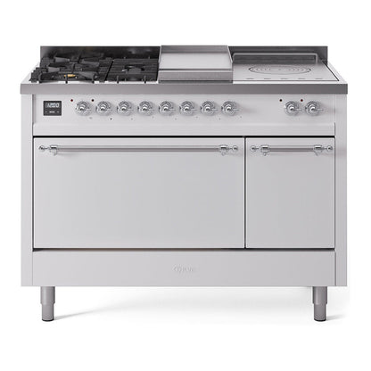 ILVE Nostalgie II 48-Inch Dual Fuel Range with 5 Sealed Burners + Griddle + French Top, 5.02 cu. ft. Oven, White with Chrome Trim, Natural Gas, Solid Door, UP48FSQNMPWHC