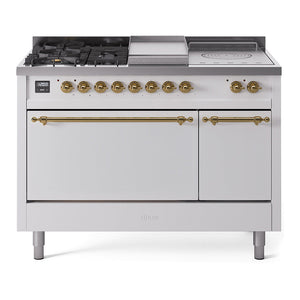 ILVE Nostalgie II 48-Inch Dual Fuel Range with 5 Sealed Burners + Griddle + French Top, 5.02 cu. ft. Oven, White with Brass Trim, Liquid Propane, Solid Door, UP48FSQNMPWHGLP
