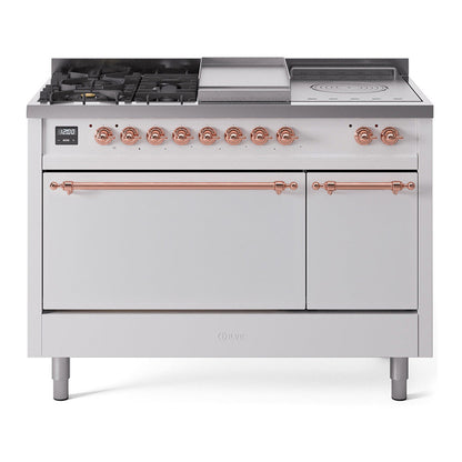 ILVE Nostalgie II 48-Inch Dual Fuel Range with 5 Sealed Burners + Griddle + French Top, 5.02 cu. ft. Oven, White with Copper Trim, Natural Gas, Solid Door, UP48FSQNMPWHP
