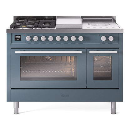ILVE Professional Plus II 48-Inch Dual Fuel Range with 5 Sealed Burners + Griddle + French Top, 5.02 cu. ft. Oven, Blue Grey, Liquid Propane, Triple Glass Door, UP48FSWMPBGLP