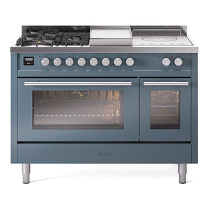 ILVE Professional Plus II 48-Inch Dual Fuel Range with 5 Sealed Burners + Griddle + French Top, 5.02 cu. ft. Oven, Blue Grey, Natural Gas, Triple Glass Door, UP48FSWMPBG