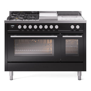 ILVE Professional Plus II 48-Inch Dual Fuel Range with 5 Sealed Burners + Griddle + French Top, 5.02 cu. ft. Oven, Glossy Black, Natural Gas, Triple Glass Door, UP48FSWMPBK