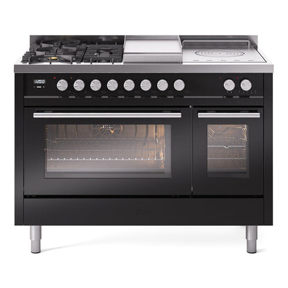 ILVE Professional Plus II 48-Inch Dual Fuel Range with 5 Sealed Burners + Griddle + French Top, 5.02 cu. ft. Oven, Glossy Black, Natural Gas, Triple Glass Door, UP48FSWMPBK