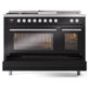 ILVE Professional Plus II 48-Inch Dual Fuel Range with 5 Sealed Burners + Griddle + French Top, 5.02 cu. ft. Oven, Glossy Black, Natural Gas, Triple Glass Door, UP48FSWMPBK