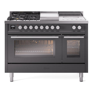 ILVE Professional Plus II 48-Inch Dual Fuel Range with 5 Sealed Burners + Griddle + French Top, 5.02 cu. ft. Oven, Graphite Matte, Liquid Propane, Triple Glass Door, UP48FSWMPMGLP