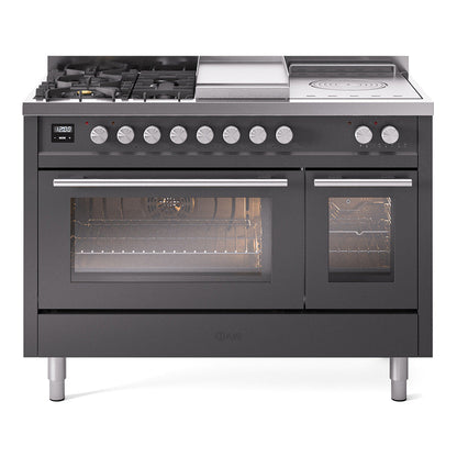 ILVE Professional Plus II 48-Inch Dual Fuel Range with 5 Sealed Burners + Griddle + French Top, 5.02 cu. ft. Oven, Graphite Matte, Liquid Propane, Triple Glass Door, UP48FSWMPMGLP