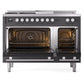 ILVE Professional Plus II 48-Inch Dual Fuel Range with 5 Sealed Burners + Griddle + French Top, 5.02 cu. ft. Oven, Graphite Matte, Natural Gas, Triple Glass Door, UP48FSWMPMG