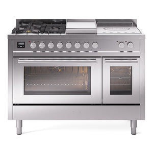 ILVE Professional Plus II 48-Inch Dual Fuel Range with 5 Sealed Burners + Griddle + French Top, 5.02 cu. ft. Oven, Stainless Steel, Liquid Propane, Triple Glass Door, UP48FSWMPSSLP