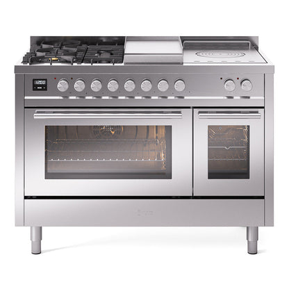 ILVE Professional Plus II 48-Inch Dual Fuel Range with 5 Sealed Burners + Griddle + French Top, 5.02 cu. ft. Oven, Stainless Steel, Natural Gas, Triple Glass Door, UP48FSWMPSS