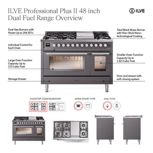 ILVE Professional Plus II 48-Inch Dual Fuel Range with 5 Sealed Burners + Griddle + French Top, 5.02 cu. ft. Oven, Stainless Steel, Natural Gas, Triple Glass Door, UP48FSWMPSS