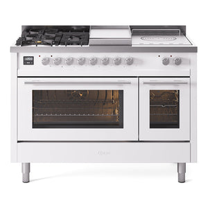 ILVE Professional Plus II 48-Inch Dual Fuel Range with 5 Sealed Burners + Griddle + French Top, 5.02 cu. ft. Oven, White, Liquid Propane, Triple Glass Door, UP48FSWMPWHLP