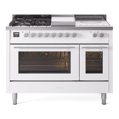 ILVE Professional Plus II 48-Inch Dual Fuel Range with 5 Sealed Burners + Griddle + French Top, 5.02 cu. ft. Oven, White, Natural Gas, Triple Glass Door, UP48FSWMPWH