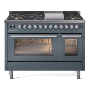 ILVE Professional Plus II 48-Inch Dual Fuel Range with 8 Sealed Burners + Griddle, 5.02 cu. ft. Oven, Blue Grey, Liquid Propane, Triple Glass Door, UP48FWMPBGLP
