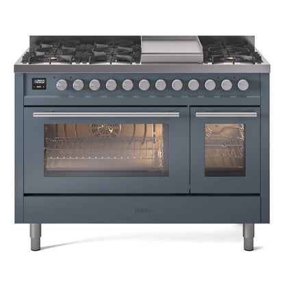 ILVE Professional Plus II 48-Inch Dual Fuel Range with 8 Sealed Burners + Griddle, 5.02 cu. ft. Oven, Blue Grey, Liquid Propane, Triple Glass Door, UP48FWMPBGLP