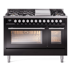 ILVE Professional Plus II 48-Inch Dual Fuel Range with 8 Sealed Burners + Griddle, 5.02 cu. ft. Oven, Glossy Black, Liquid Propane, Triple Glass Door, UP48FWMPBKLP