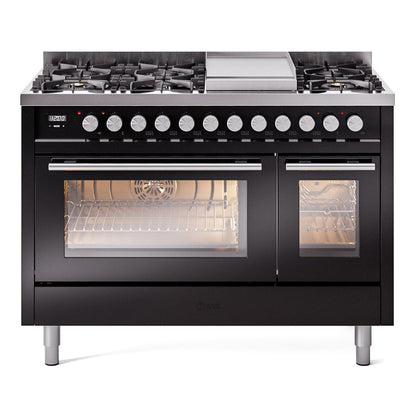 ILVE Professional Plus II 48-Inch Dual Fuel Range with 8 Sealed Burners + Griddle, 5.02 cu. ft. Oven, Glossy Black, Liquid Propane, Triple Glass Door, UP48FWMPBKLP