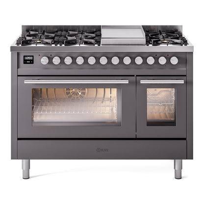 ILVE Professional Plus II 48-Inch Dual Fuel Range with 8 Sealed Burners + Griddle, 5.02 cu. ft. Oven, Graphite Matte, Liquid Propane, Triple Glass Door, UP48FWMPMGLP