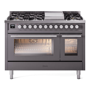 ILVE Professional Plus II 48-Inch Dual Fuel Range with 8 Sealed Burners + Griddle, 5.02 cu. ft. Oven, Graphite Matte, Natural Gas, Triple Glass Door, UP48FWMPMG