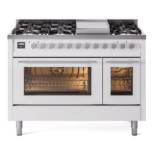 ILVE Professional Plus II 48-Inch Dual Fuel Range with 8 Sealed Burners + Griddle, 5.02 cu. ft. Oven, White, Natural Gas, Triple Glass Door, UP48FWMPWH
