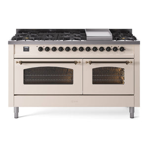 ILVE Nostalgie II 60-Inch Dual Fuel Range with 9 Sealed Burners + Griddle, 5.8 cu. ft. Oven, Antique White with Burnished Trim, Liquid Propane, Triple Glass Door, UP60FNMPAWBLP