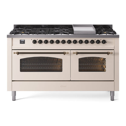 ILVE Nostalgie II 60-Inch Dual Fuel Range with 9 Sealed Burners + Griddle, 5.8 cu. ft. Oven, Antique White with Burnished Trim, Natural Gas, Triple Glass Door, UP60FNMPAWB