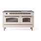 ILVE Nostalgie II 60-Inch Dual Fuel Range with 9 Sealed Burners + Griddle, 5.8 cu. ft. Oven, Antique White with Burnished Trim, Natural Gas, Triple Glass Door, UP60FNMPAWB