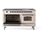 ILVE Nostalgie II 60-Inch Dual Fuel Range with 9 Sealed Burners + Griddle, 5.8 cu. ft. Oven, Antique White with Burnished Trim, Natural Gas, Triple Glass Door, UP60FNMPAWB