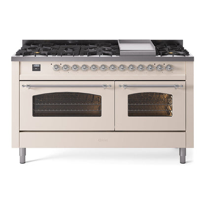 ILVE Nostalgie II 60-Inch Dual Fuel Range with 9 Sealed Burners + Griddle, 5.8 cu. ft. Oven, Antique White with Chrome Trim, Liquid Propane, Triple Glass Door, UP60FNMPAWCLP