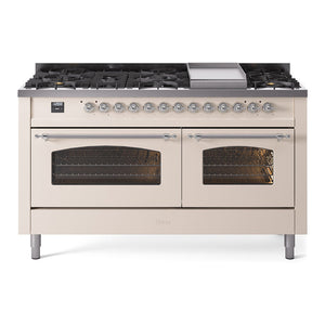 ILVE Nostalgie II 60-Inch Dual Fuel Range with 9 Sealed Burners + Griddle, 5.8 cu. ft. Oven, Antique White with Chrome Trim, Natural Gas, Triple Glass Door, UP60FNMPAWC