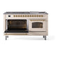 ILVE Nostalgie II 60-Inch Dual Fuel Range with 9 Sealed Burners + Griddle, 5.8 cu. ft. Oven, Antique White with Brass Trim, Liquid Propane, Triple Glass Door, UP60FNMPAWGLP