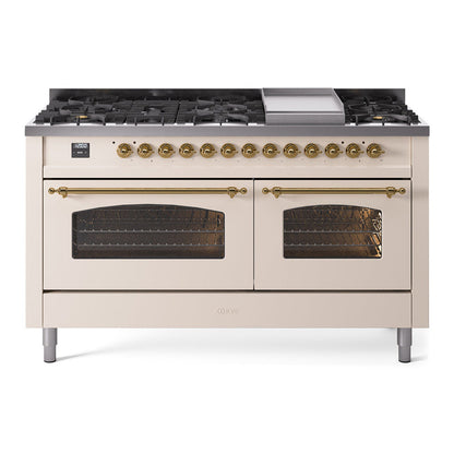 ILVE Nostalgie II 60-Inch Dual Fuel Range with 9 Sealed Burners + Griddle, 5.8 cu. ft. Oven, Antique White with Brass Trim, Natural Gas, Triple Glass Door, UP60FNMPAWG