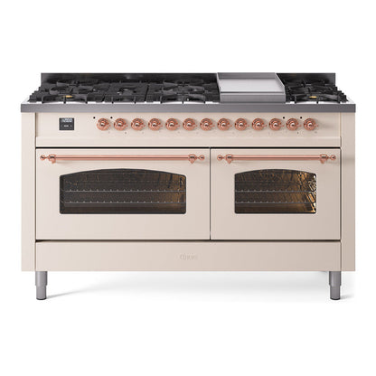 ILVE Nostalgie II 60-Inch Dual Fuel Range with 9 Sealed Burners + Griddle, 5.8 cu. ft. Oven, Antique White with Copper Trim, Liquid Propane, Triple Glass Door, UP60FNMPAWPLP
