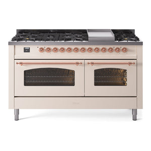 ILVE Nostalgie II 60-Inch Dual Fuel Range with 9 Sealed Burners + Griddle, 5.8 cu. ft. Oven, Antique White with Copper Trim, Natural Gas, Triple Glass Door, UP60FNMPAWP