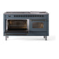 ILVE Nostalgie II 60-Inch Dual Fuel Range with 9 Sealed Burners + Griddle, 5.8 cu. ft. Oven, Blue Grey with Burnished Trim, Liquid Propane, Triple Glass Door, UP60FNMPBGBLP